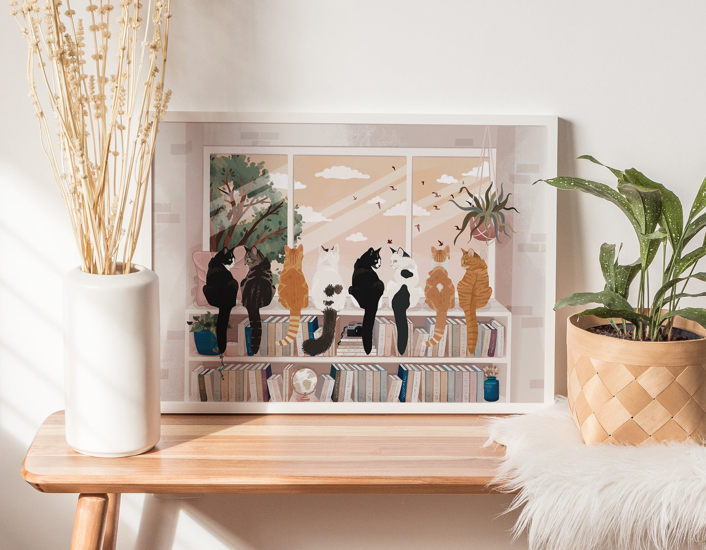 Personalised Cats Sitting on a Bookcase Watching out the Window Print (unframed)