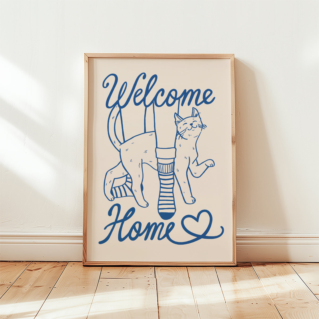 Unframed Welcome Home cat lover print with two cats and heart, blue ink on pink background