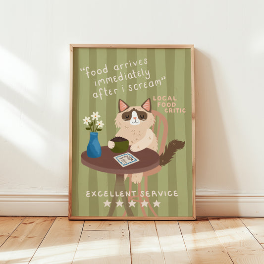 Cat food critic poster print with white-and-gray cat at a table, “Excellent Service” text