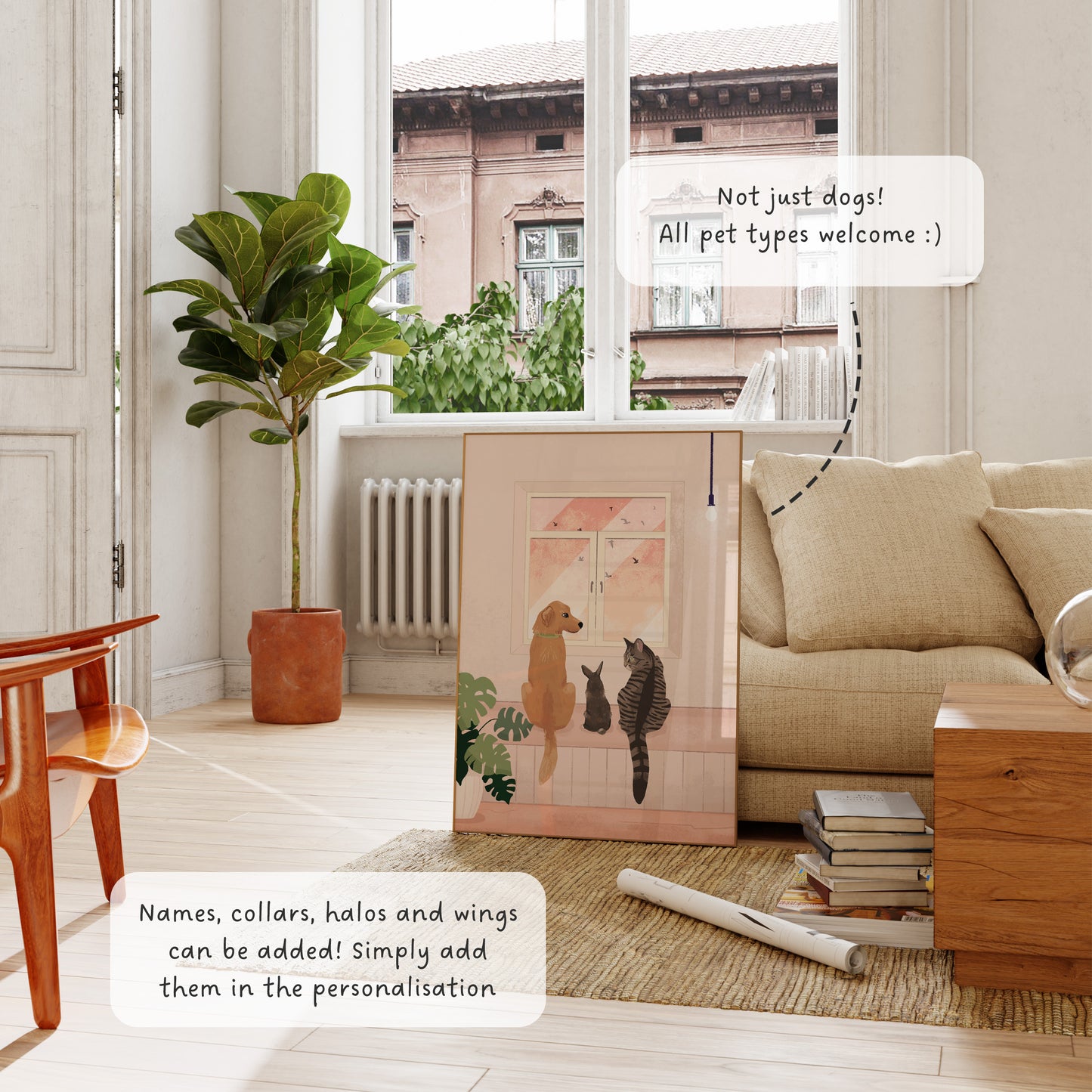Personalised Dog Portrait of Pets Looking Out the Window Art Print (unframed)