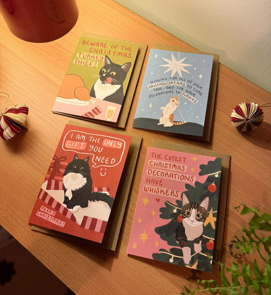 Christmas Cat Christmas Card Bundle | Set of 4 Illustrated Cards