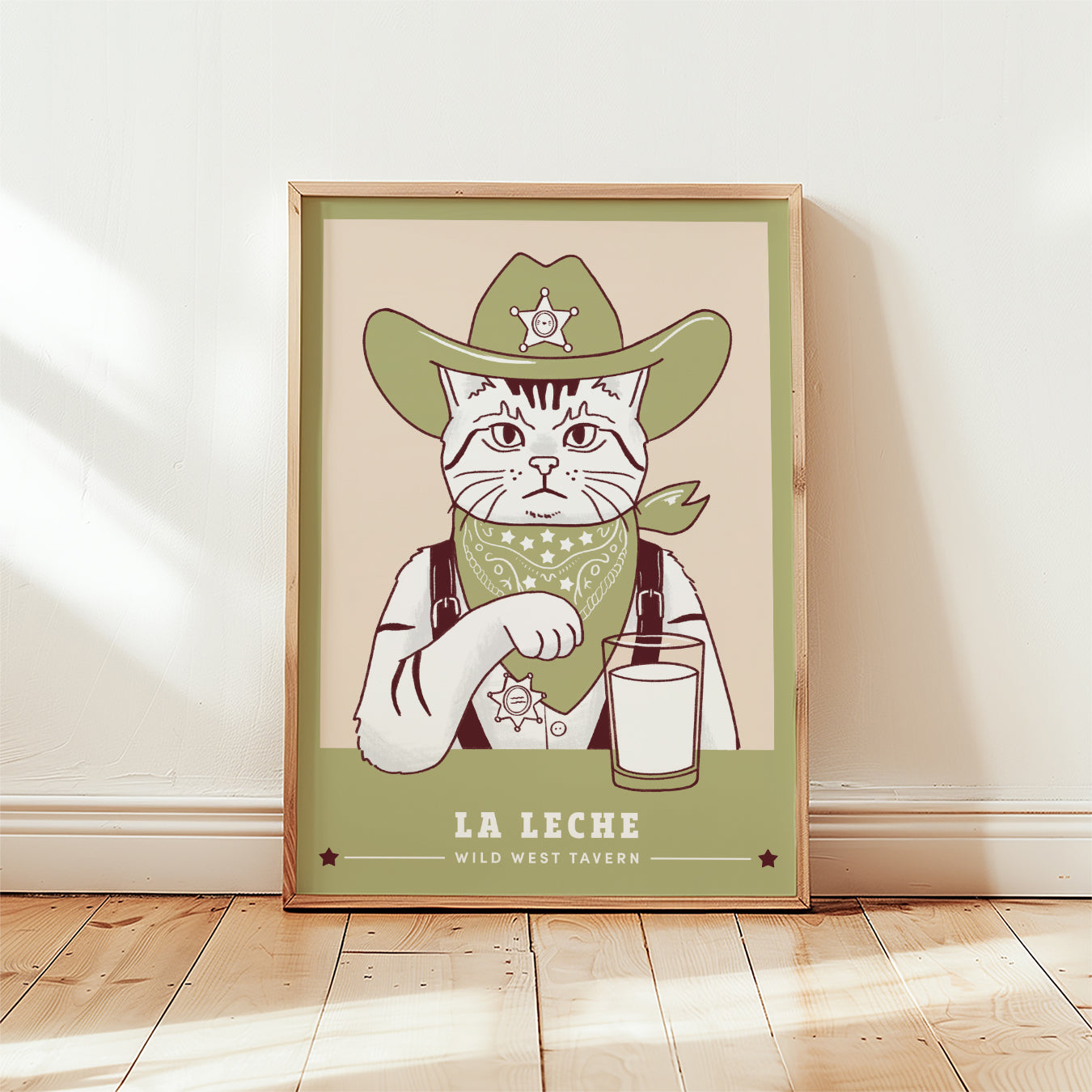Cowboy sheriff cat poster print, unframed, sage green colorway with sheriff hat