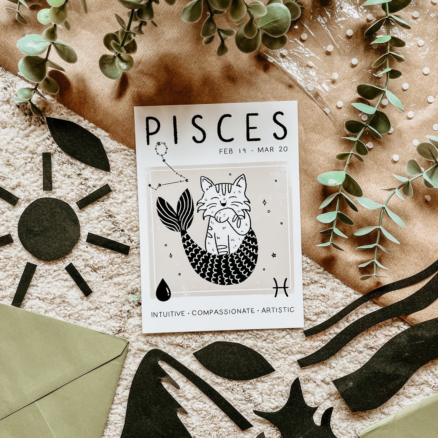 Pisces Cat Zodiac Star Sign Print (unframed)