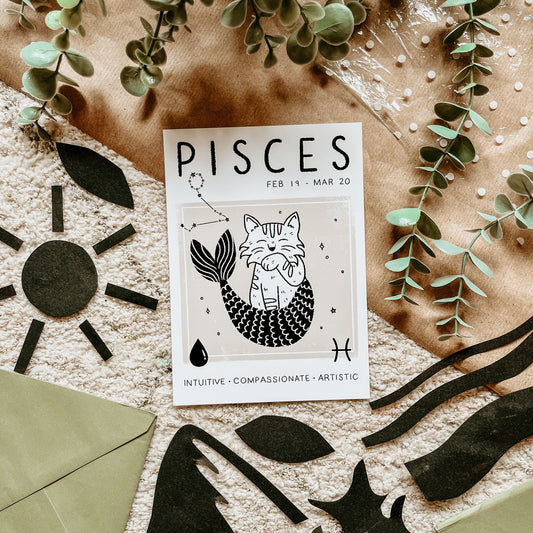 Pisces zodiac cat star sign print featuring constellation lines, unframed artwork
