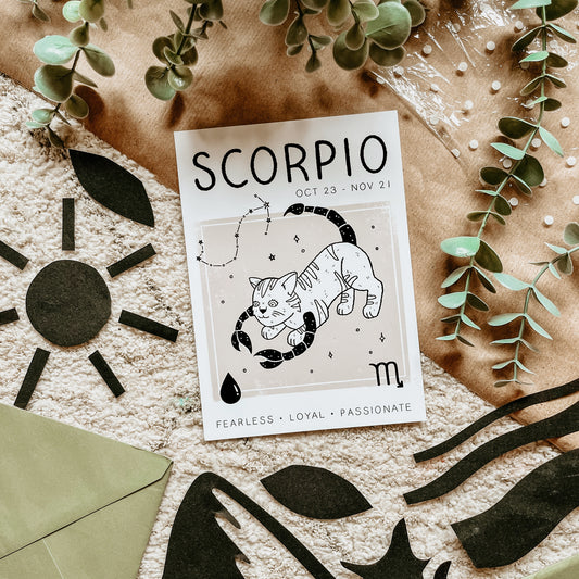 Scorpio zodiac cat print showing two cats curled together with SCORPIO and OCT 23–NOV 21
