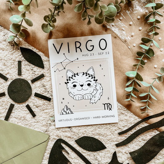 Virgo cat zodiac star sign print, constellation line drawing and Virgo dates
