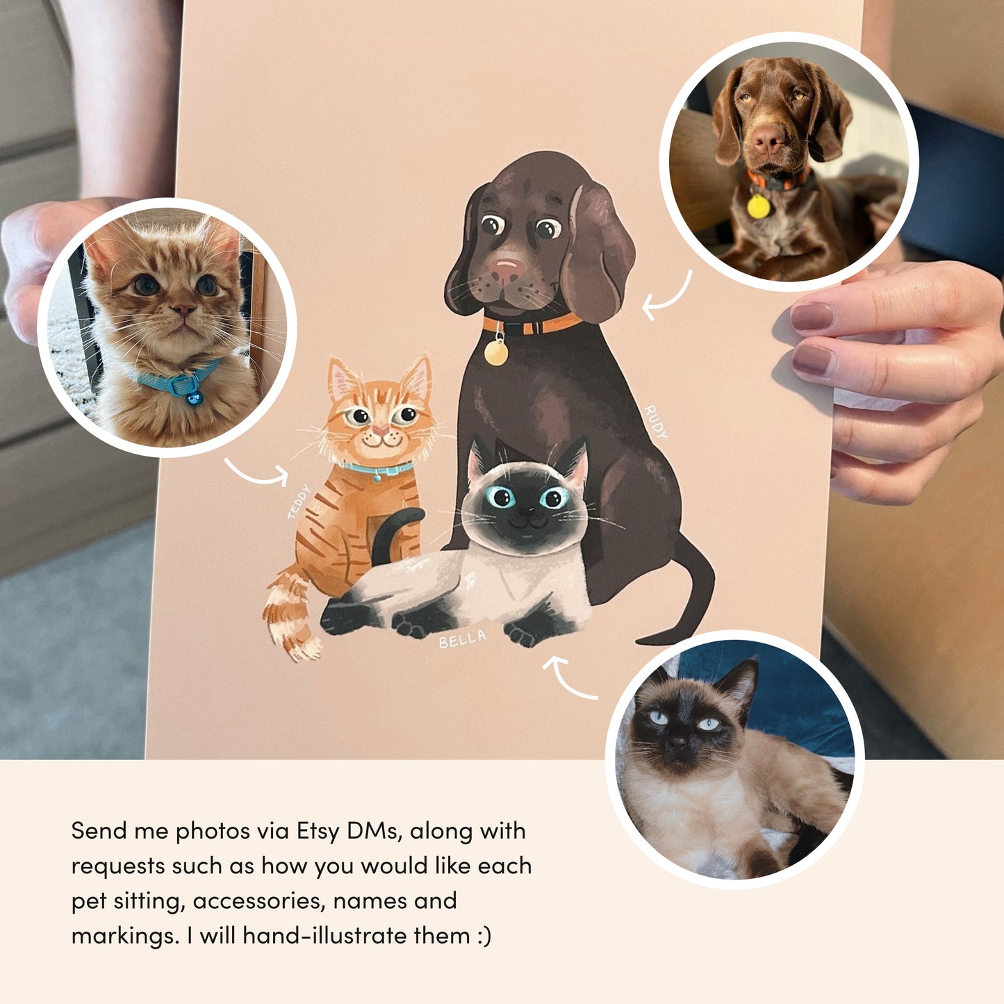 Customised Pet Portrait Print, Hand-illustrated from Photos (unframed)