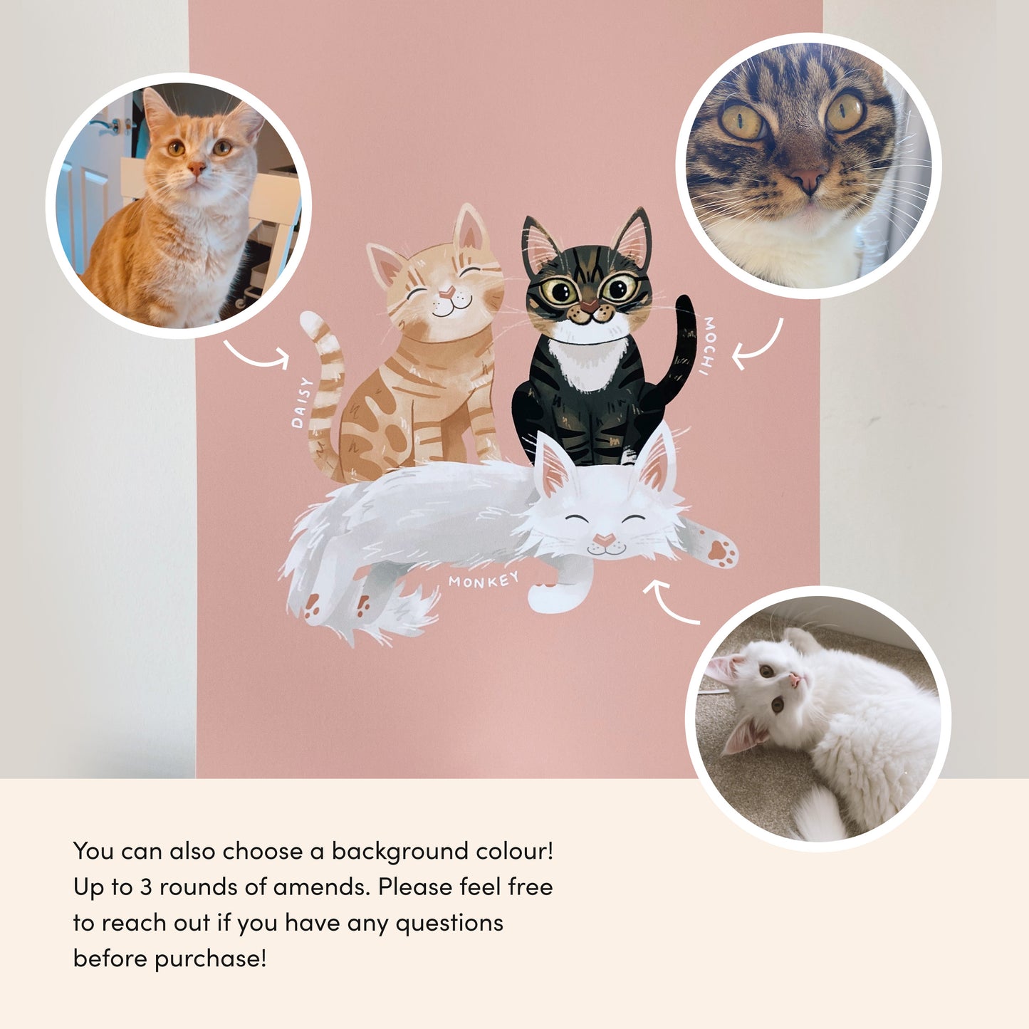 Customised Pet Portrait Print, Hand-illustrated from Photos (unframed)