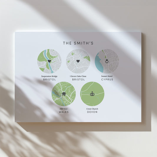 Personalised Special Places Map Print 5 - 8 locations (unframed)