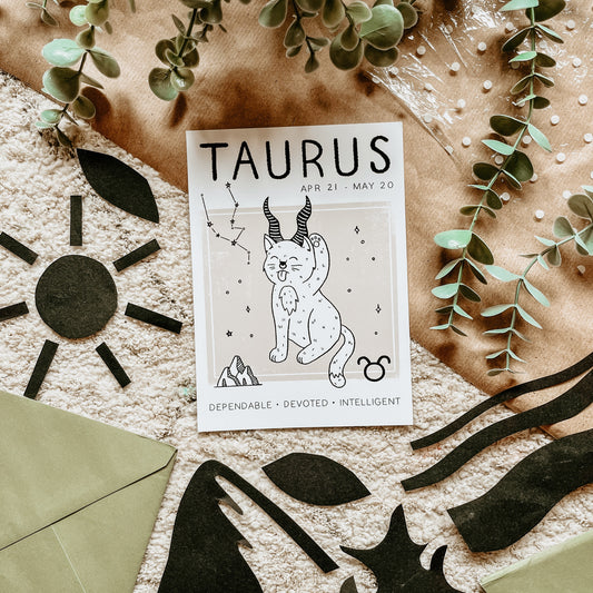 TAURUS cat zodiac star sign print, unframed with “Dependable • Devoted • Intelligent”