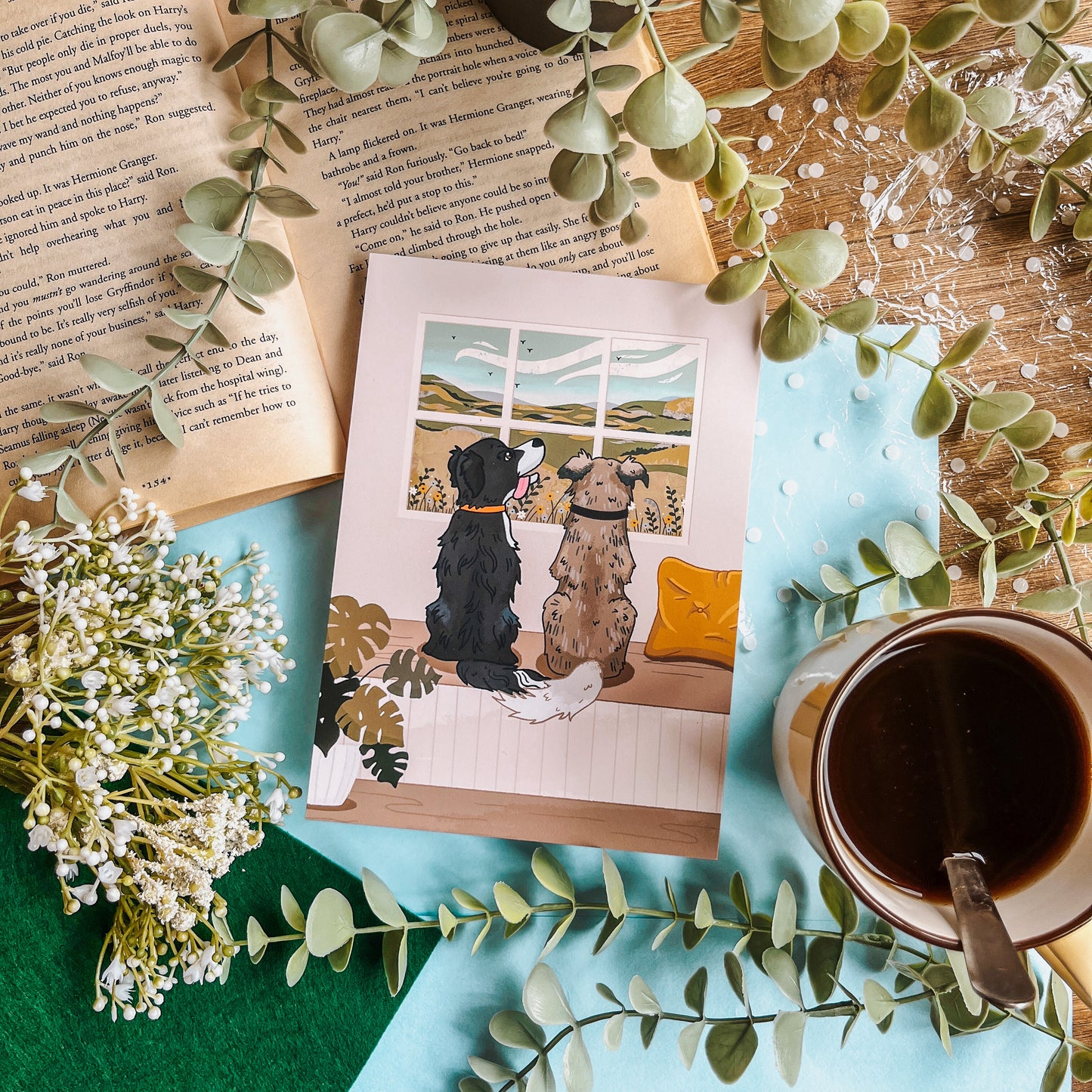 Personalised Dogs Watching the Birds Outside the Window Print (unframed)