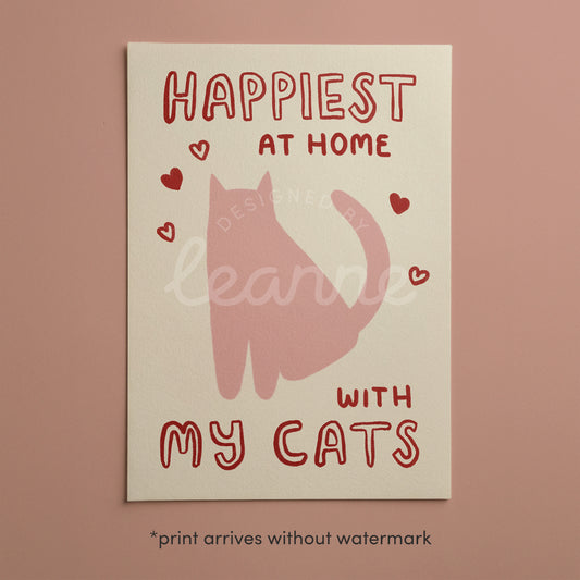 Unframed print with pink cat silhouette, Happiest at Home text and red heart doodles