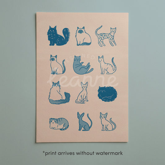 Cat breeds collage art print with blue cats on light pink-beige background, nine figures