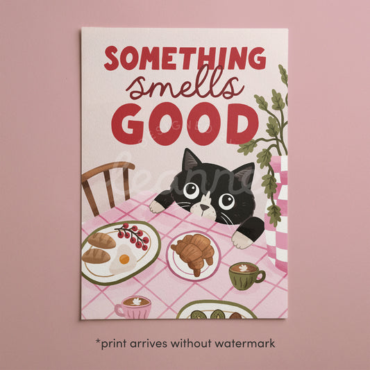 Küchenkunst-Print „Something Smells Good“ ungerahmt, roter Schriftzug, schwarzer Kater