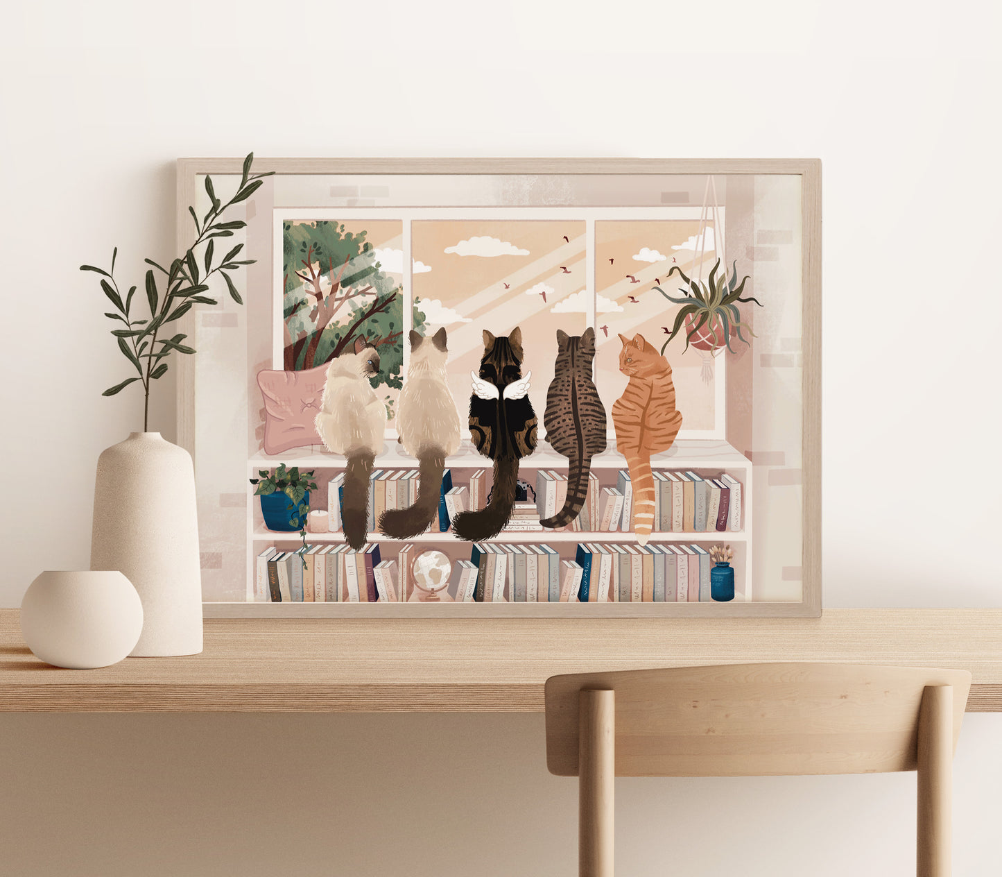 Personalised Cats Sitting on a Bookcase Watching out the Window Print (unframed)