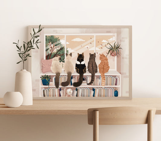 Personalised Cats Sitting on a Bookcase Watching out the Window Print (unframed)