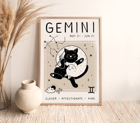 Gemini Cat Zodiac Star Sign Print (unframed)