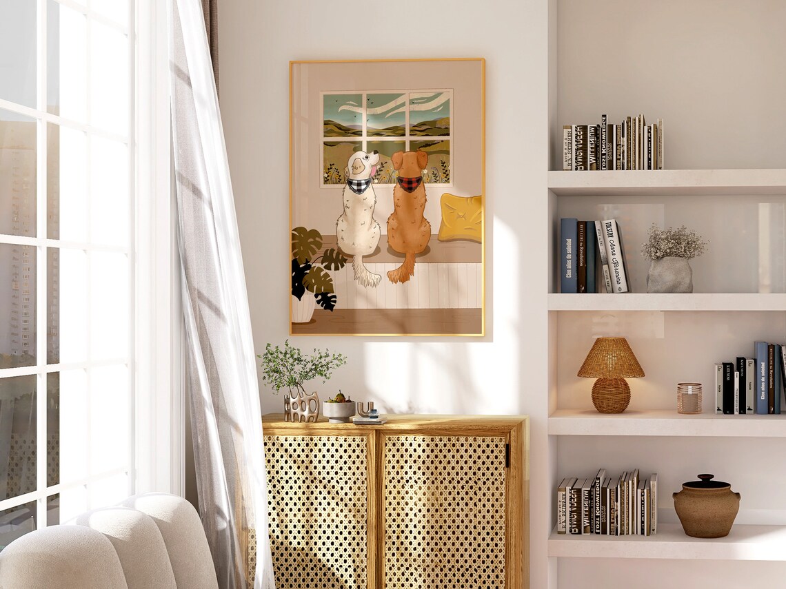 Personalised Dogs Watching the Birds Outside the Window Print (unframed)