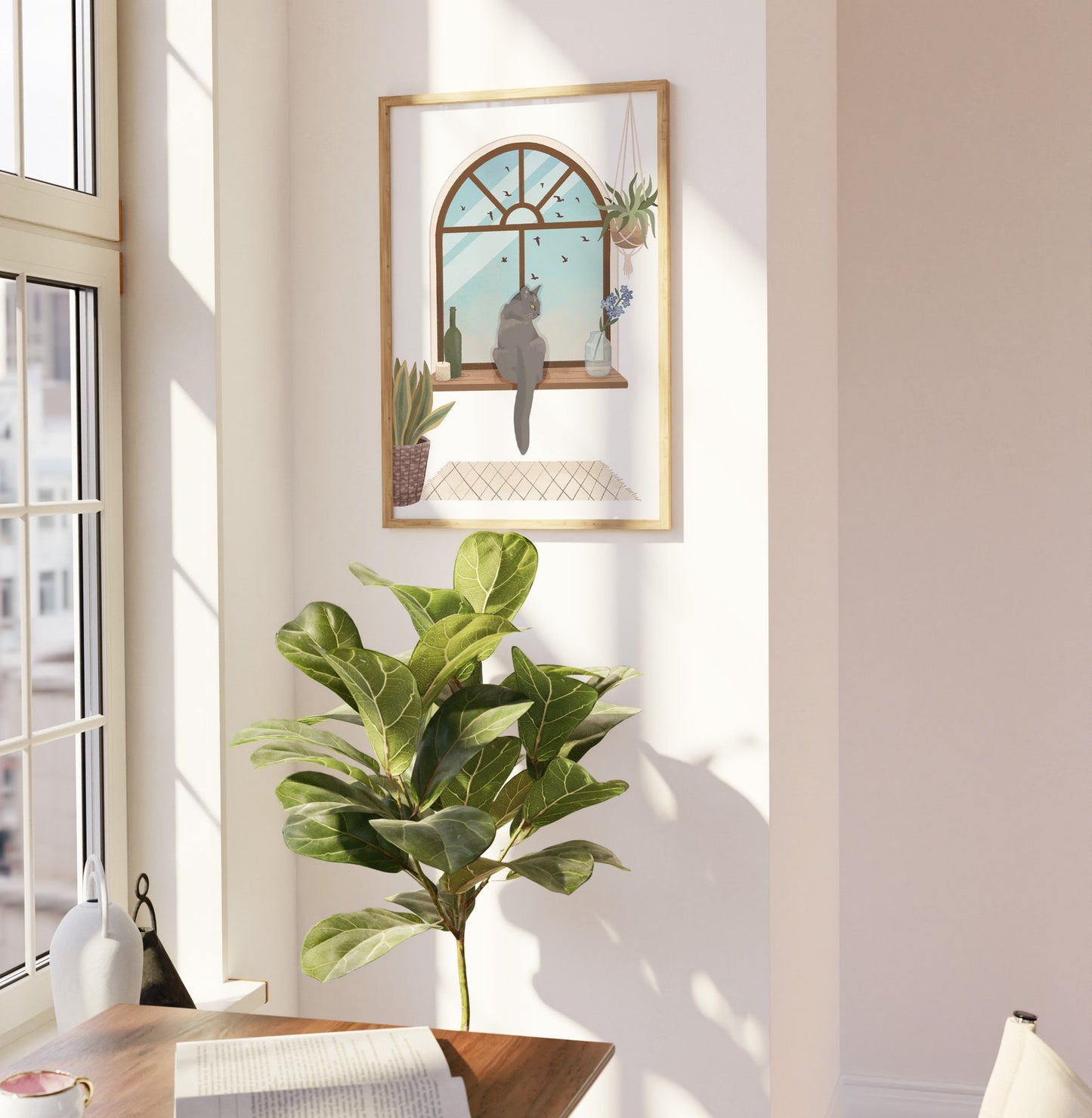 Personalised Cats Watching Birds out of Arch Window with Plants Portrait Print (unframed)