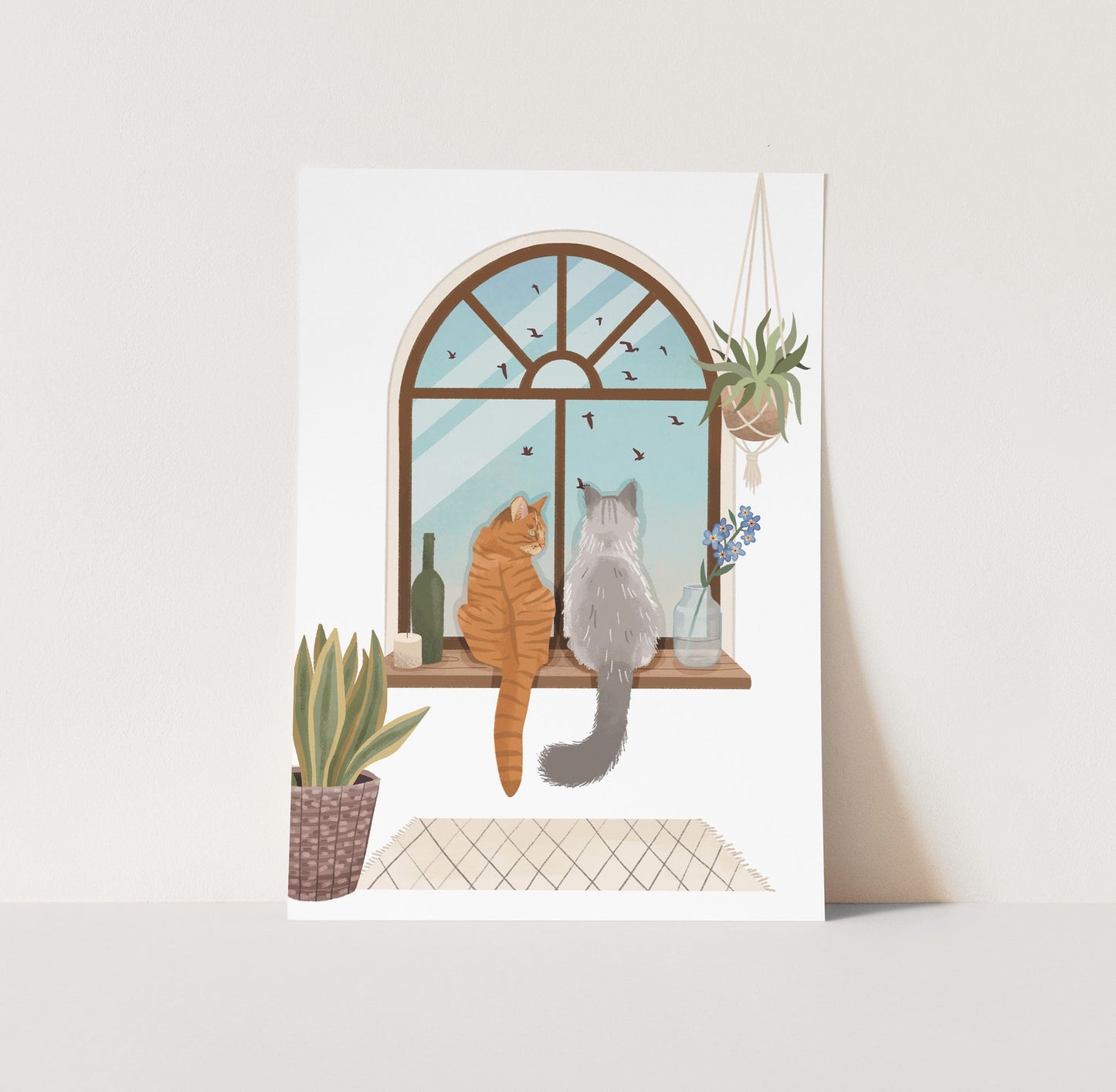 Personalised Cats Watching Birds out of Arch Window with Plants Portrait Print (unframed)