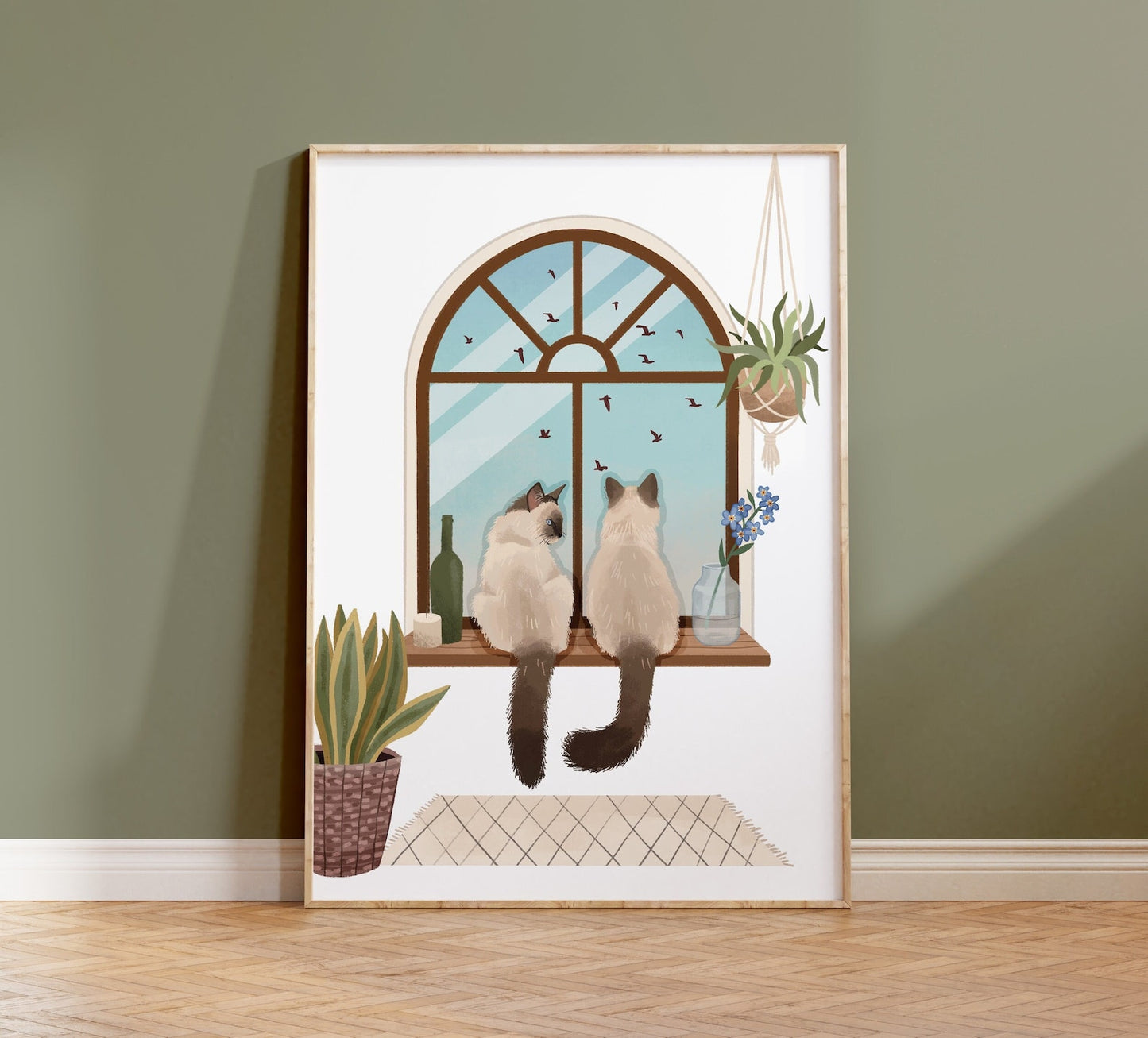 Personalised Cats Watching Birds out of Arch Window with Plants Portrait Print (unframed)