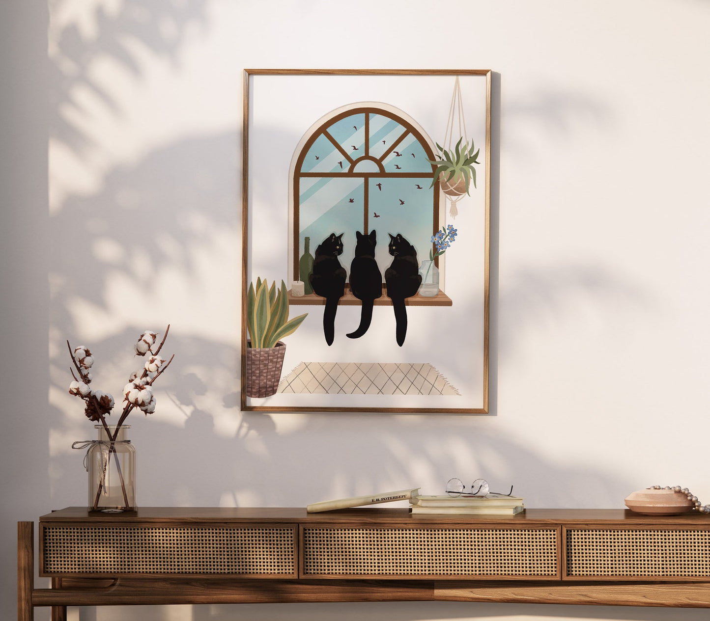 Personalised Cats Watching Birds out of Arch Window with Plants Portrait Print (unframed)