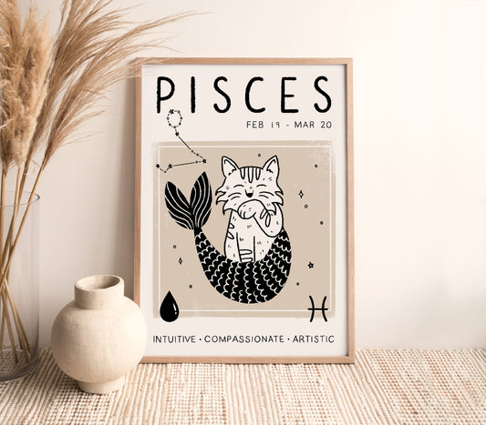 Pisces Cat Zodiac Star Sign Print (unframed)