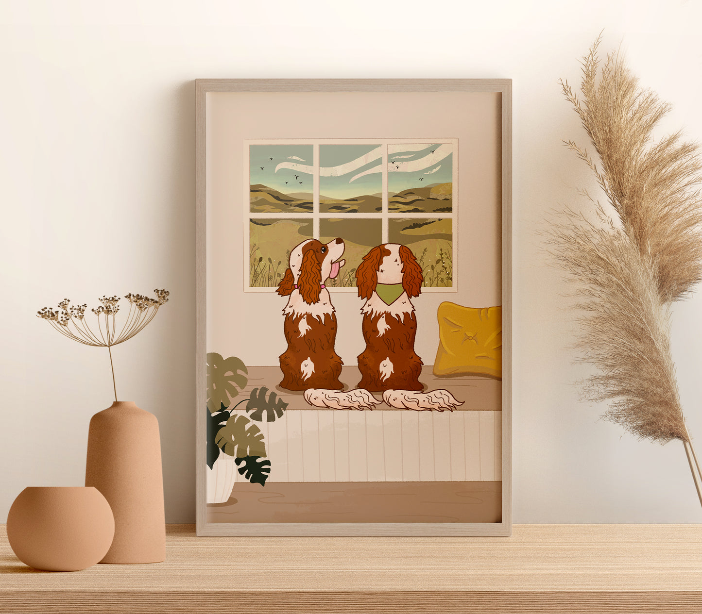 Personalised Dogs Watching the Birds Outside the Window Print (unframed)