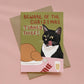 Christmas greetings card with a black cat eyeing a roast turkey and the text “Beware of the Christmas Turkey Thief!”