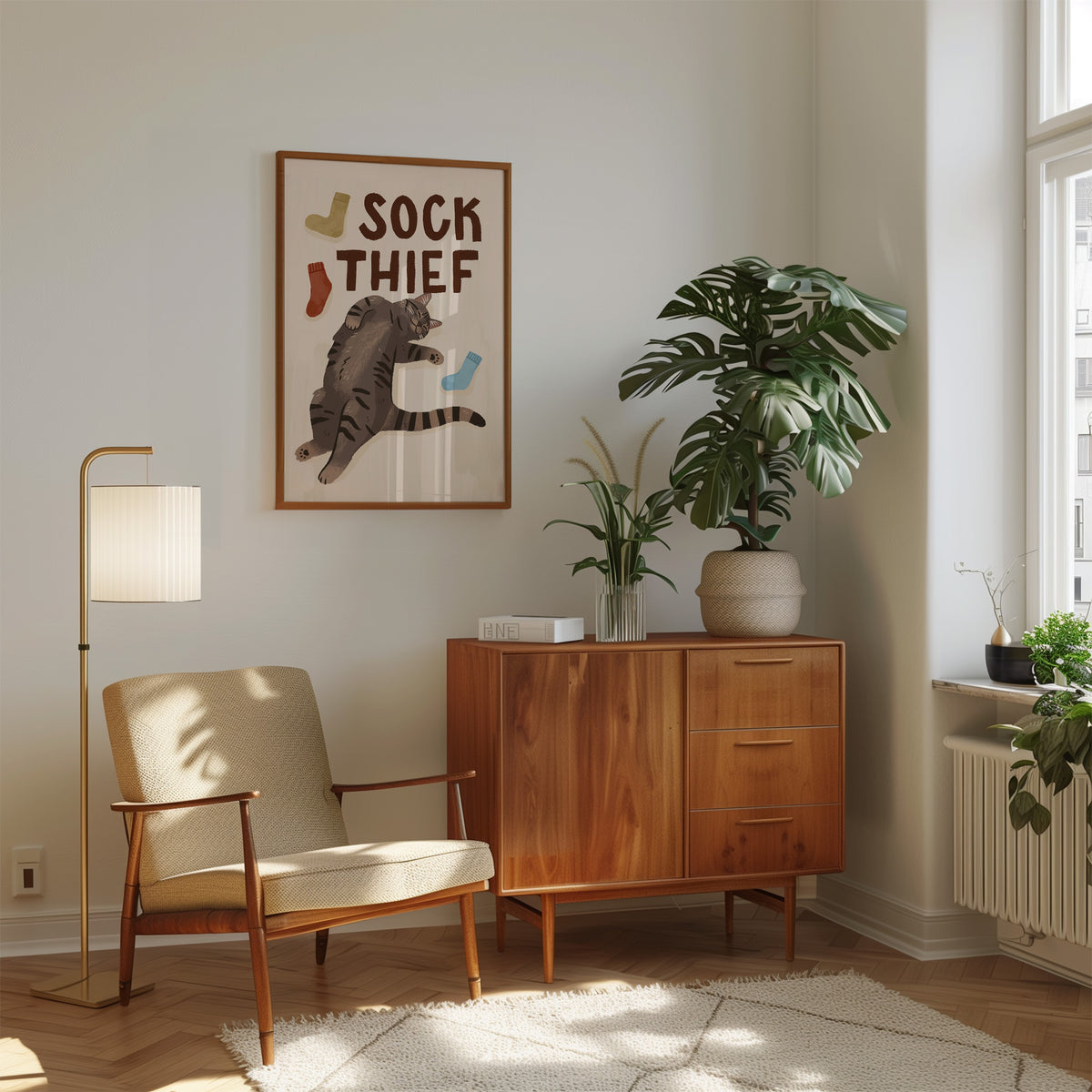 Framed wall cat print showing 'SOCK THIEF' and gray cat with colorful sock illustrations