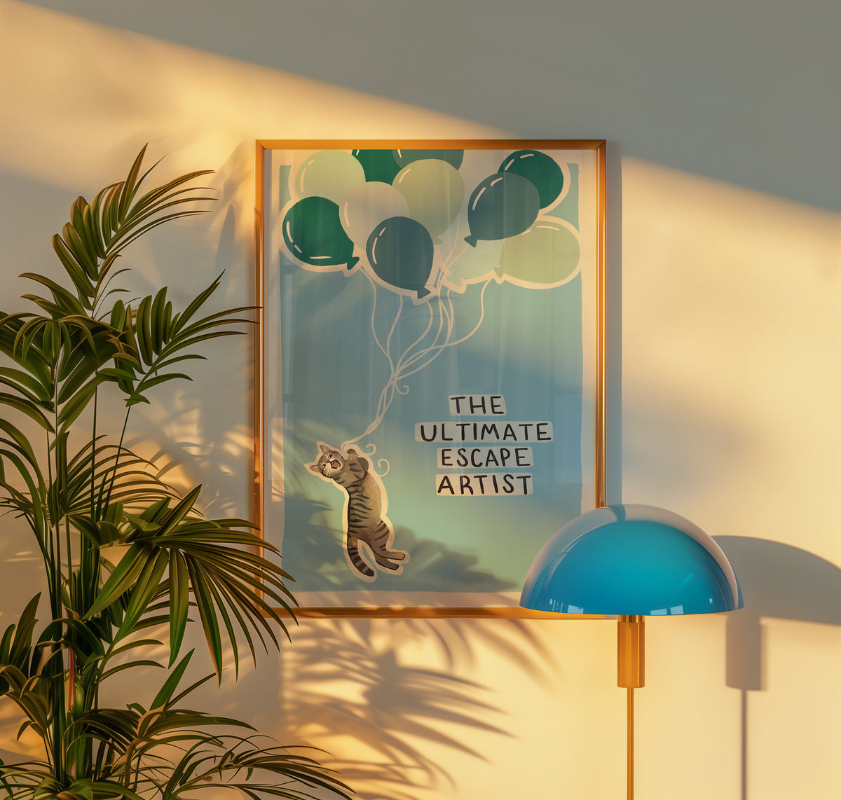 Blue balloon cat print artwork with gray cat figure and "THE ULTIMATE ARTIST" text.