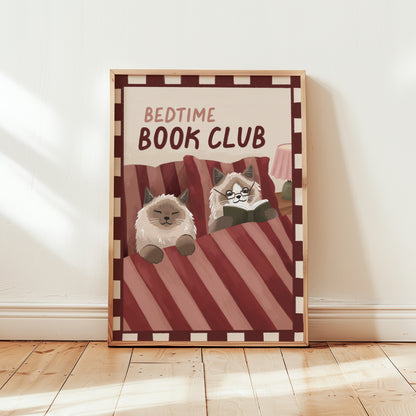 Bedtime Book Club cat print, unframed; red striped bedding with two cats reading