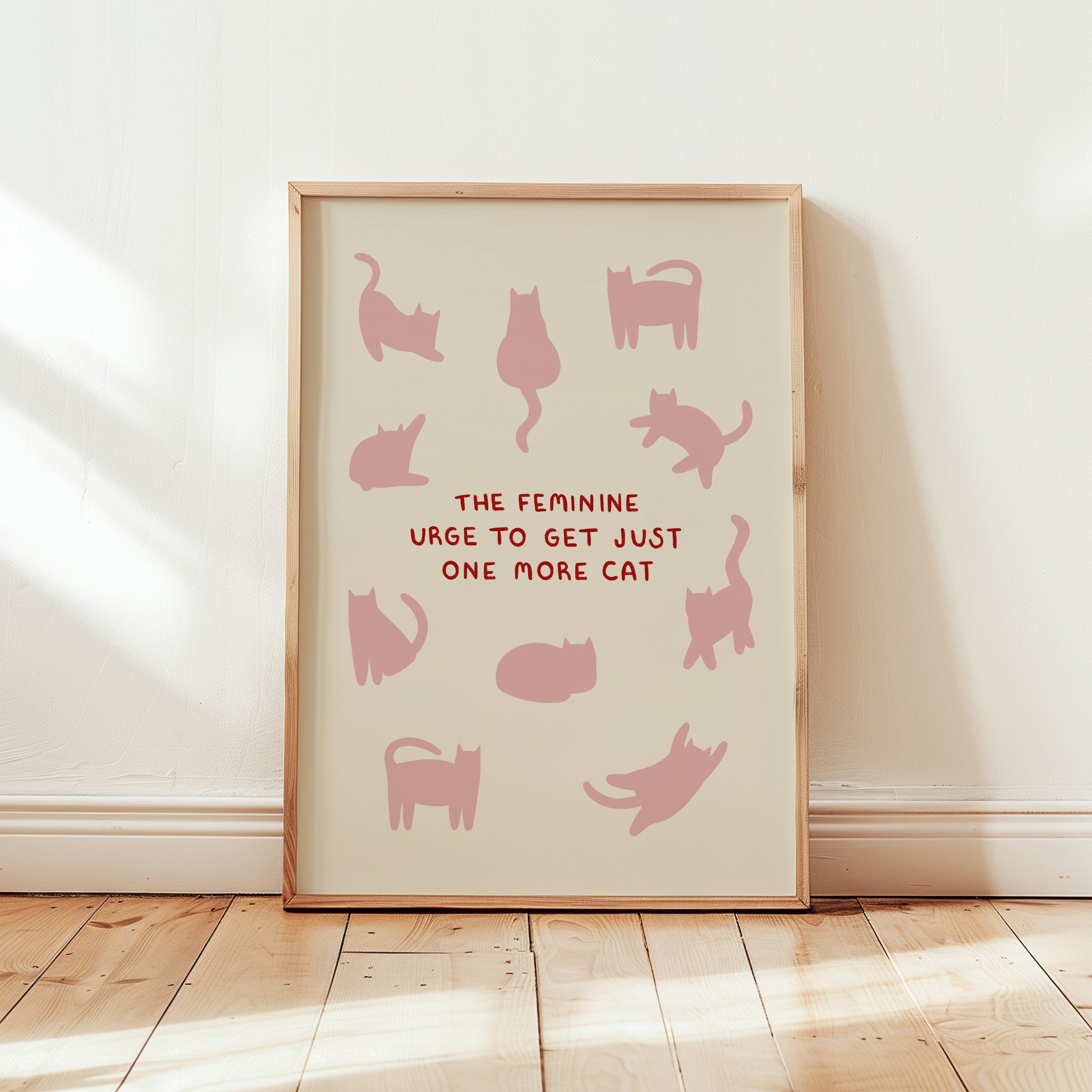 Unframed cat quote print: pink cat silhouettes with “THE FEMININE…ONE MORE CAT”