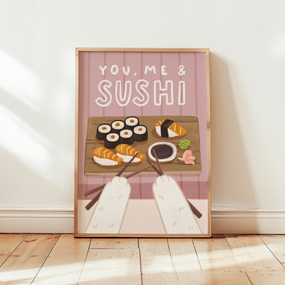You, Me & Sushi wall print (unframed) with pink background, sushi rolls and soy sauce cup