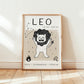 Unframed Leo cat zodiac star sign print with bold 'LEO' text and roaring cat illustration