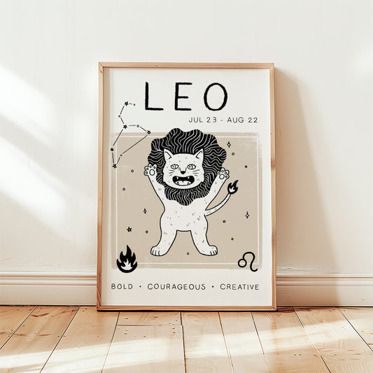 Unframed Leo cat zodiac star sign print with bold 'LEO' text and roaring cat illustration