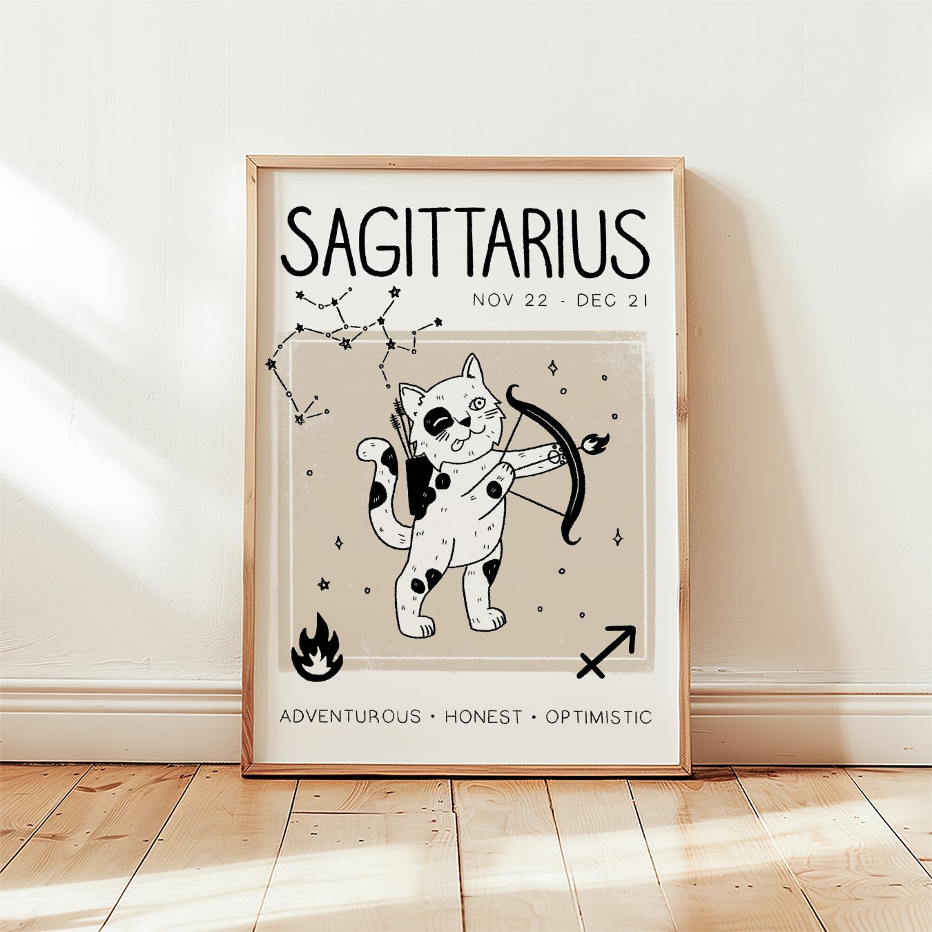 Sagittarius cat zodiac print with 'SAGITTARIUS' text above illustrated star map cat