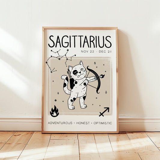 Sagittarius cat zodiac print with 'SAGITTARIUS' text above illustrated star map cat