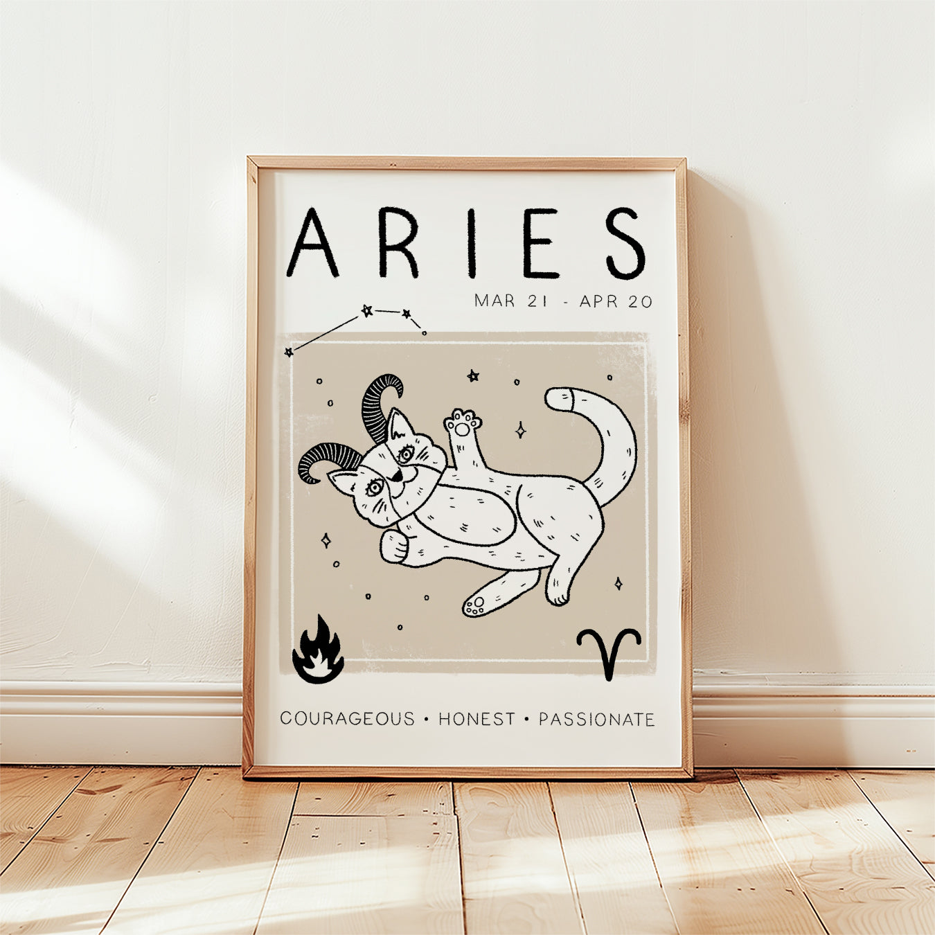 Aries cat zodiac star sign print, unframed—wood frame, cat with stars and Aries symbol