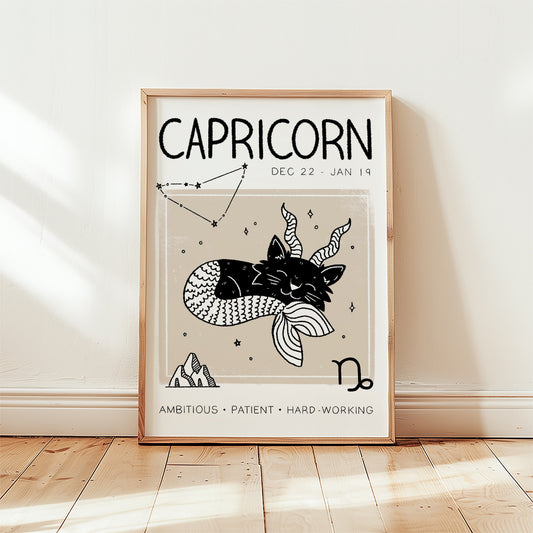 Capricorn cat zodiac star sign print, unframed artwork with “CAPRICORN” and constellation