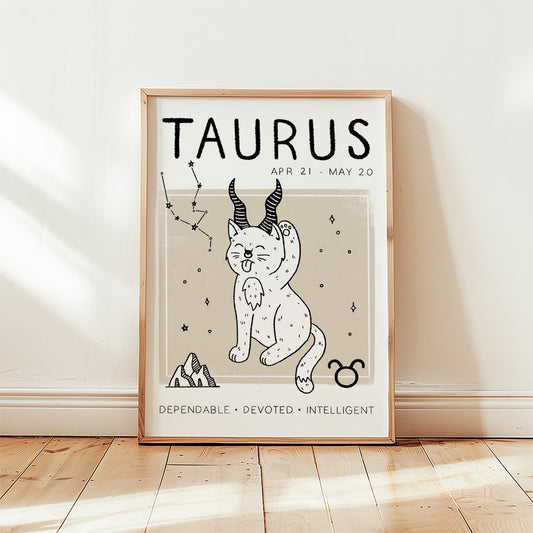 Taurus zodiac cat star sign print, unframed wall art with dates APR 21–MAY 20