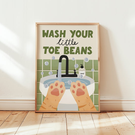 Wash Your Little Toe Beans print with sink, paw hands, green and orange design