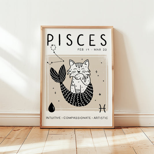 Pisces zodiac cat star sign print with dates and constellation, unframed