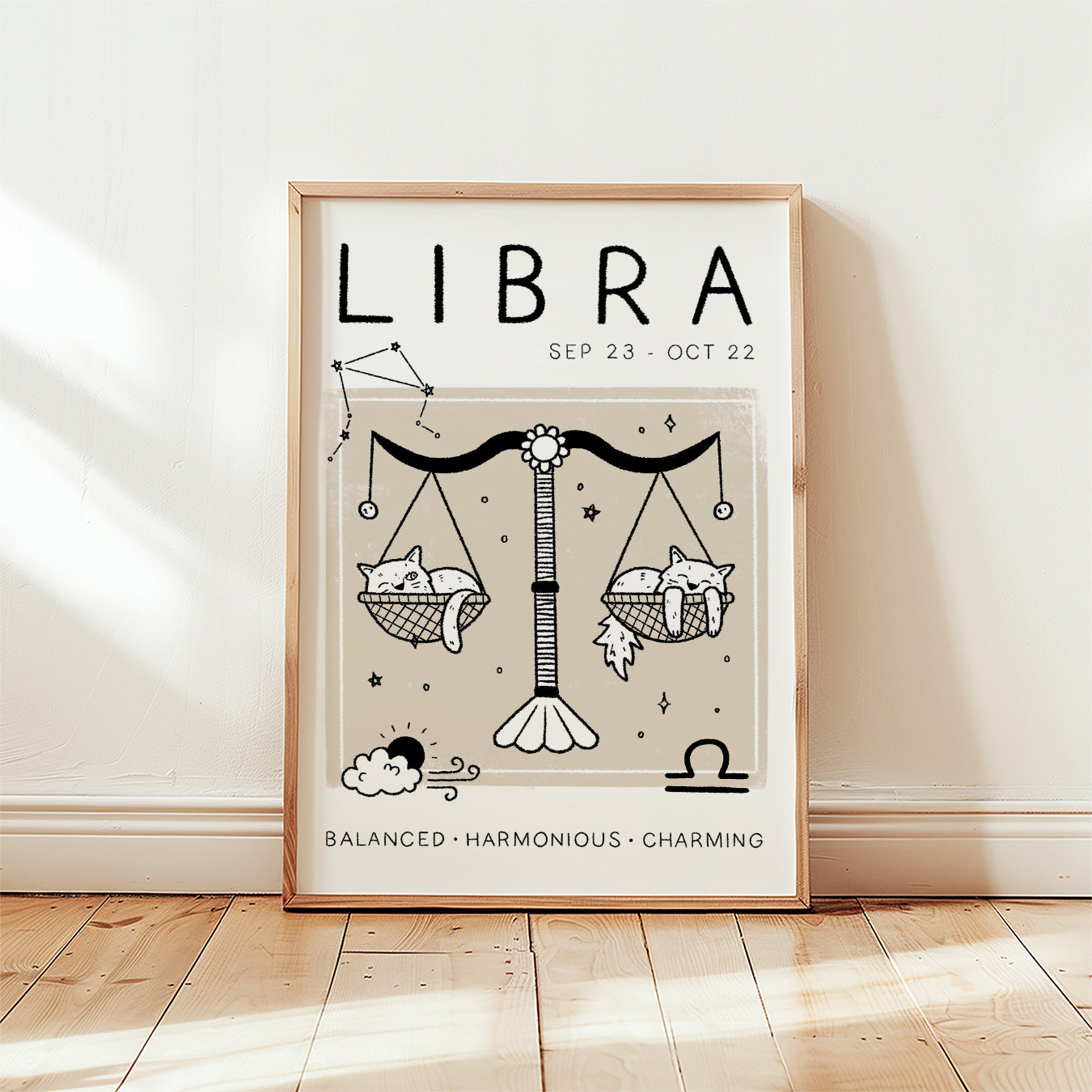 Libra cat zodiac star sign print, unframed; Libra text with hanging scale and cat icons.