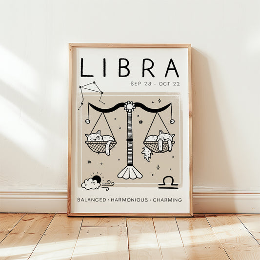Libra cat zodiac star sign print, unframed; Libra text with hanging scale and cat icons.