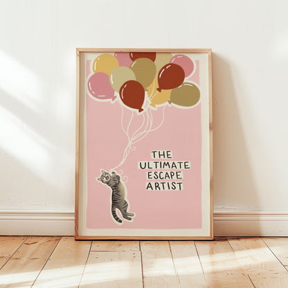 Cat print wall art in pink tones with balloon shapes and a gray cat figure, text included.