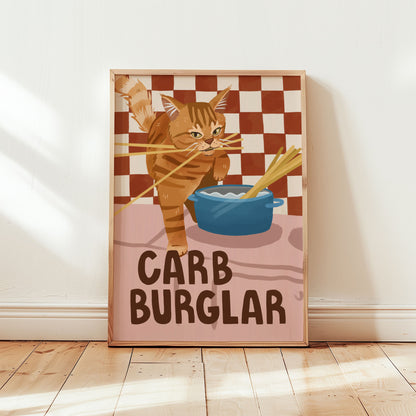Cat wall art print with orange tabby burglar cat, blue bowl, checkered backdrop, “CARB BURGLAR”