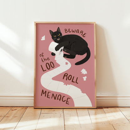 Cat bathroom print: black cat on toilet paper, pink background, framed border