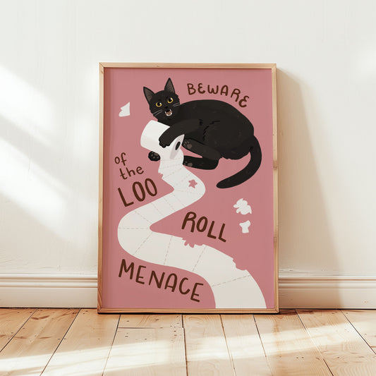 Cat bathroom print: black cat on toilet paper, pink background, framed border