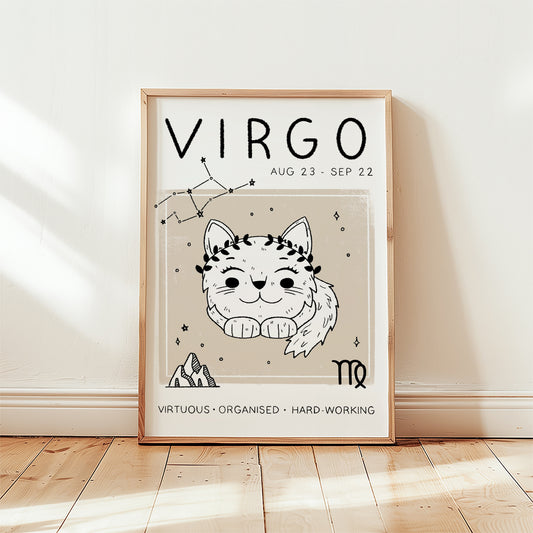 Virgo cat zodiac star sign print with constellation line art and Virgo text